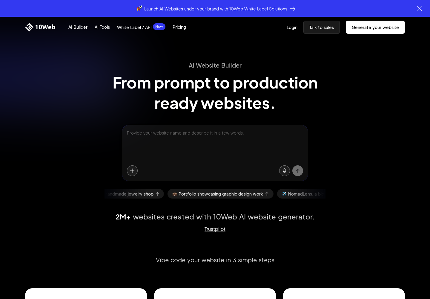 Test 10Web AI Website Builder avec captures
