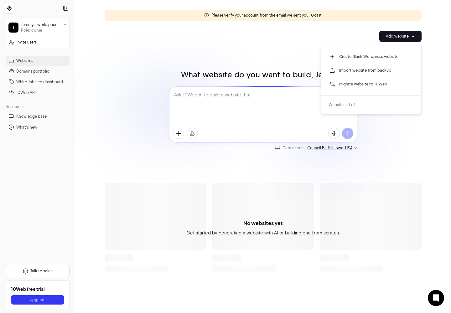 Capture réelle des options 10Web Add website : créer un site WordPress vierge, importer une sauvegarde ou migrer un site