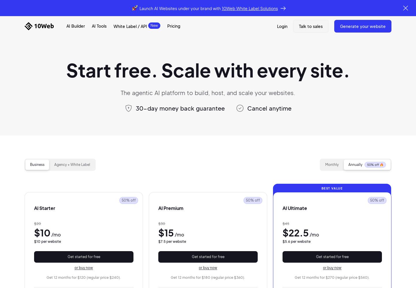 Capture de la page prix 10Web avec offres AI Starter, AI Premium et AI Ultimate