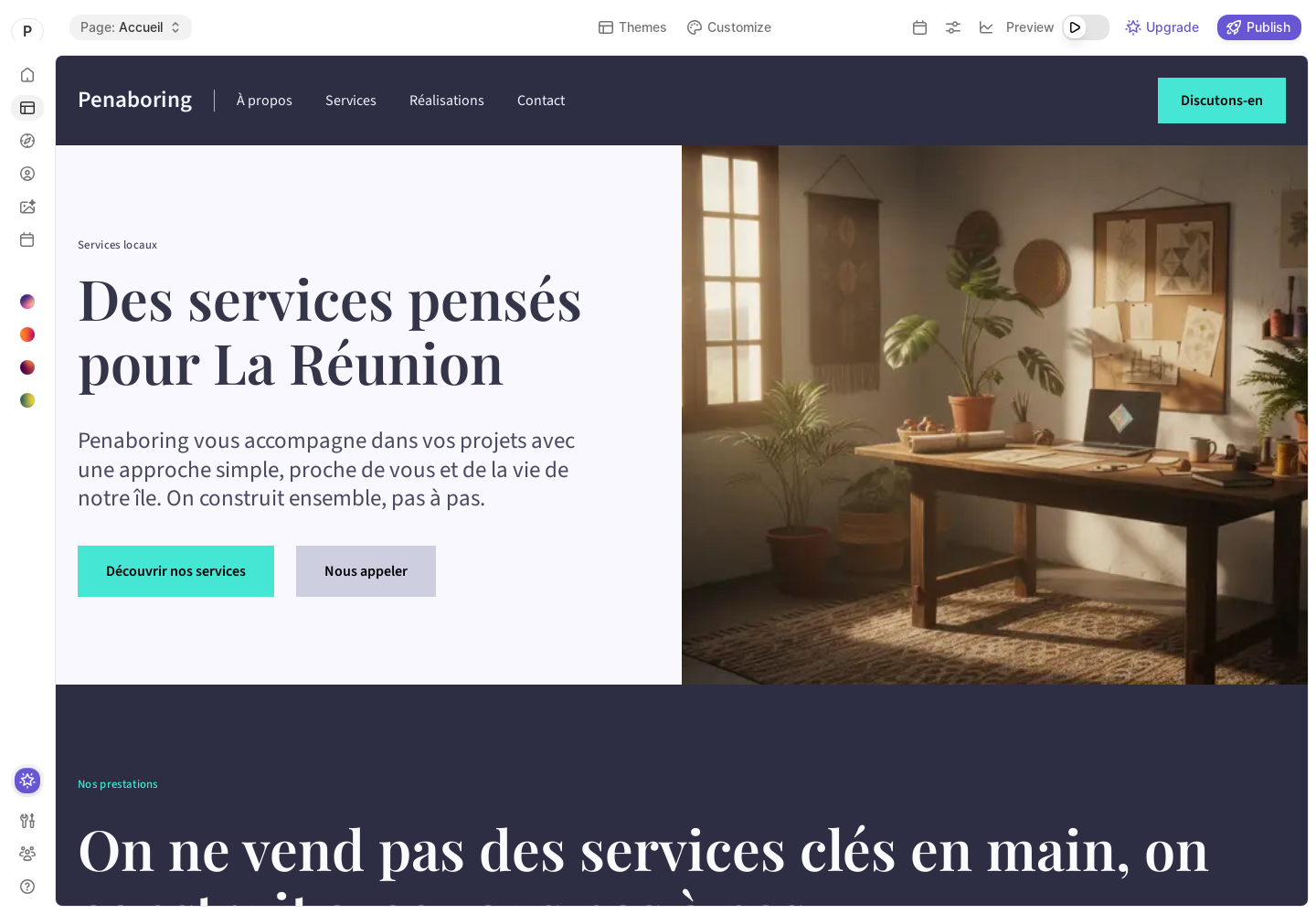 Capture réelle de l'éditeur Durable AI avec site généré, sections modifiables et boutons AI Edit