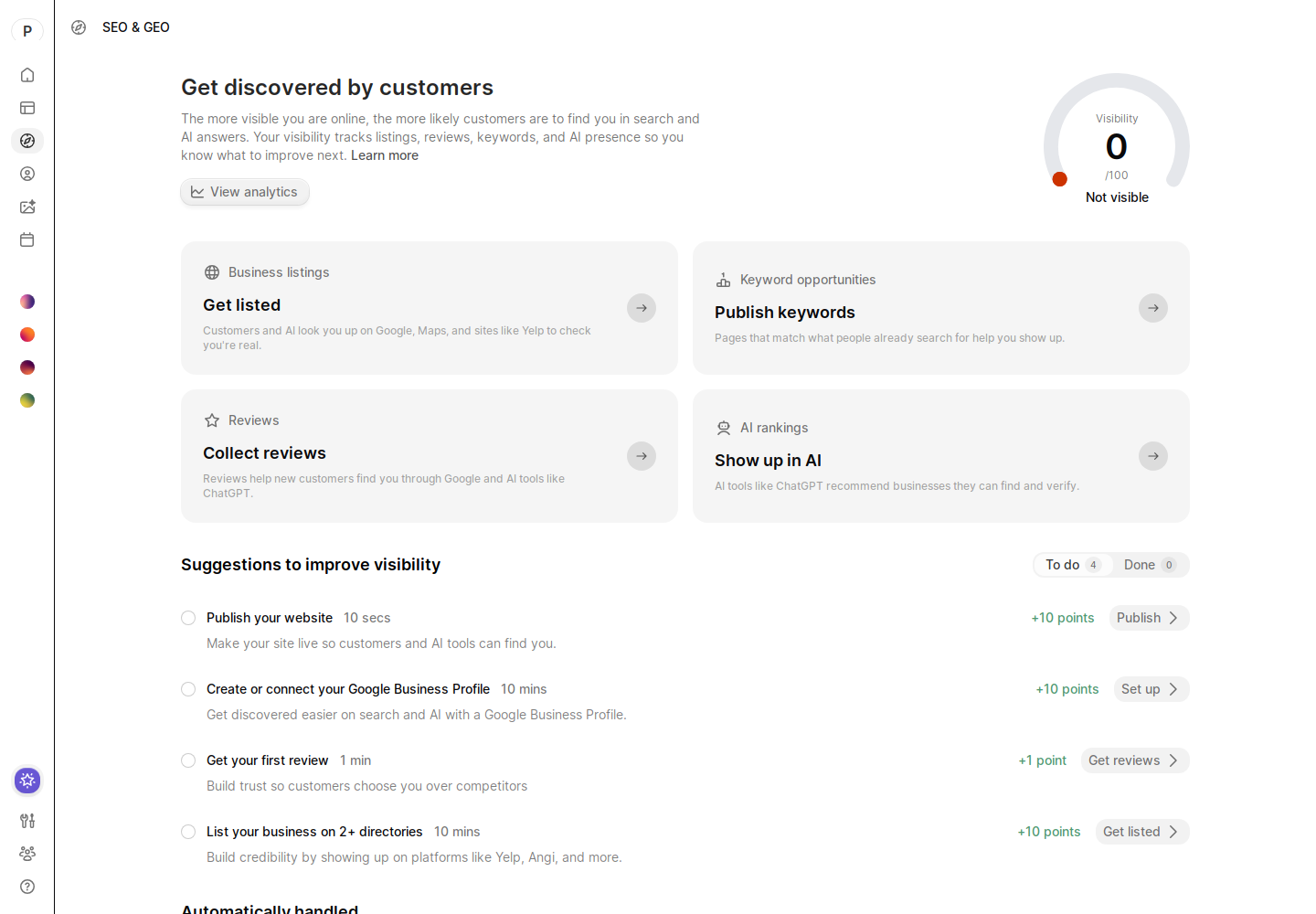 Capture réelle de Durable SEO & GEO avec visibilité, business listings, keywords, reviews et AI rankings